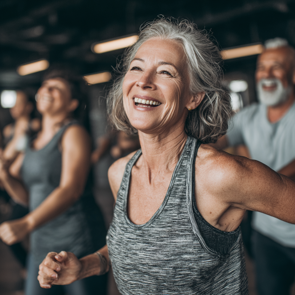 mature adults enjoying group fitness training session