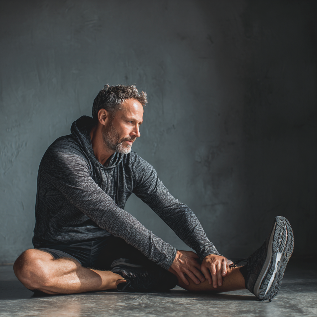 middle-aged person stretching during fitness routine